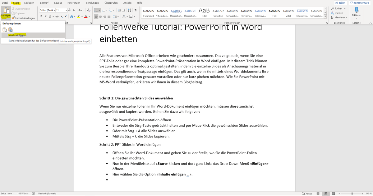 FolienWerke Tutorial PowerPoint in Word einbetten